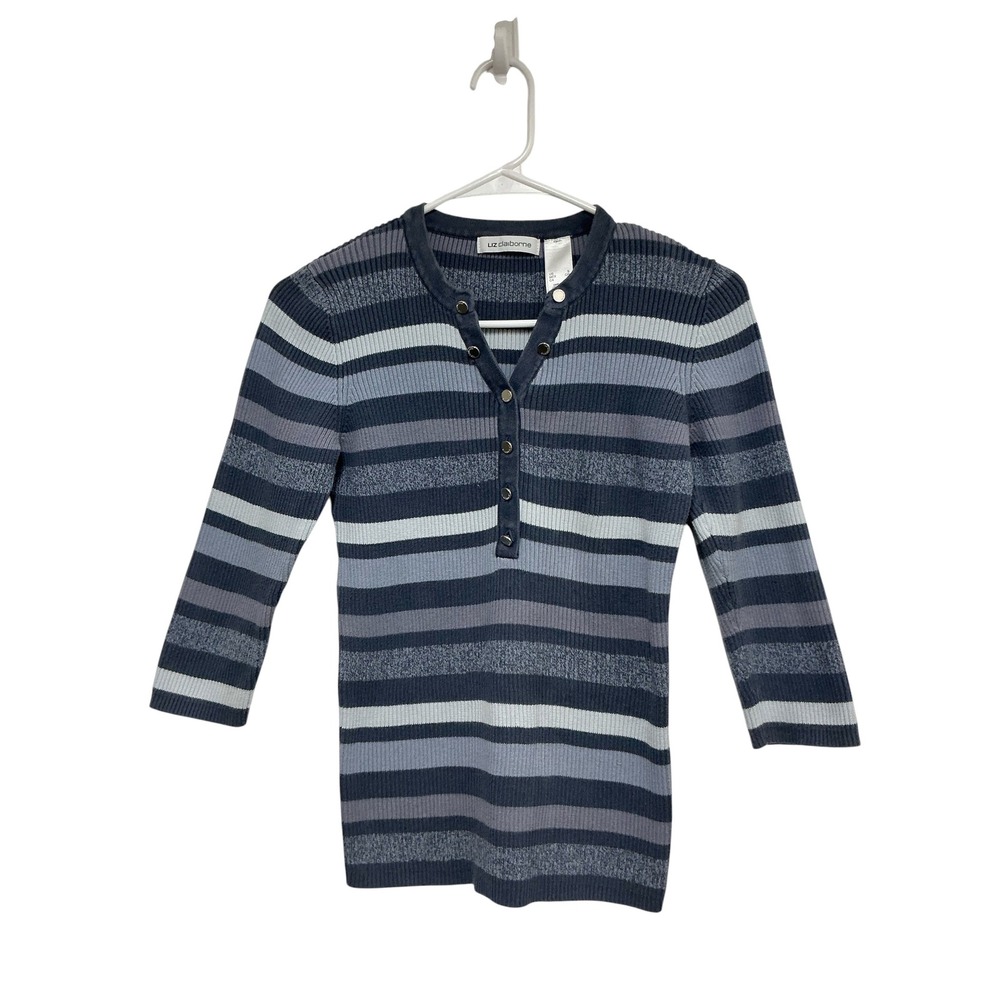 Liz Claiborne Blue Grey Striped Ribbed Henley Top 3/4 Sleeve Cotton Small